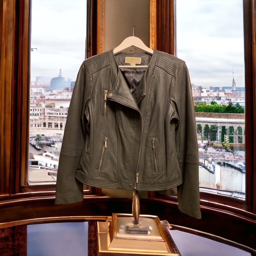 Michael Kors Gray leather jacket size Large. Great Deal - Picture 7 of 8